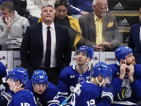 Toronto Maple Leafs head coach Sheldon Keefe looks on from the bench during third period NHL Stanley Cup playoff hockey action against the Tampa Bay Lightning in Toronto, on Tuesday, April 18, 2023. Toronto fell flat in Game 1 of its first-round series with the battle-tested Tampa Bay Lightning.