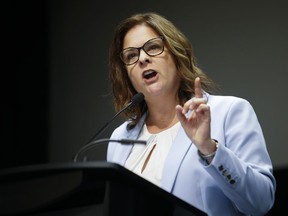 Manitoba Premier Heather Stefanson speaks at the convention centre in Winnipeg on Saturday, April 15, 2023.&ampnbsp;Stefanson has announced her government will contribute $30 million to expand an intensive care unit at a Winnipeg hospital.