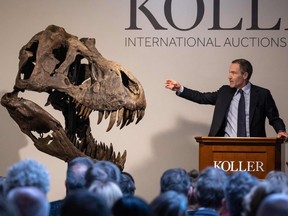 Koller auction house director Cyril Koller gestures next to the skull of 'Trinity' prior to the sale of the skeleton of the Tyrannosaurus-Rex (T-Rex) by Koller auction house in Zurich, on April 18, 2023.