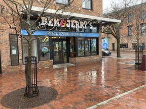 The front of the Ben Jerry's ice cream shop in Burlington, Vt., on Monday April 17, 2023. About 40 workers at the shop near where the company was founded announced Monday they were seeking to form a union.