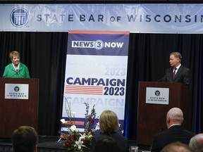 FILE - Wisconsin Supreme Court candidates Republican-backed Dan Kelly and Democratic-supported Janet Protasiewicz participate in a debate Tuesday, March 21, 2023, in Madison, Wis. The winner of the high stakes contest between Kelly and Protasiewicz will determine majority control of the court headed into the 2024 presidential election.