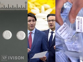 Combined image of hydromorphone, Trudeau and Poilievre