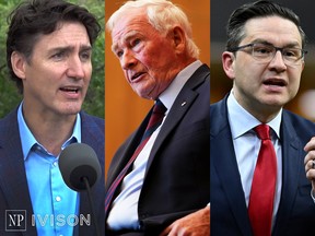 Photo illustration of Justin Trudeau, David Johnston and Pierre Poilievre