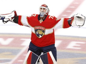 Sergei Bobrovsky warms up before a game.