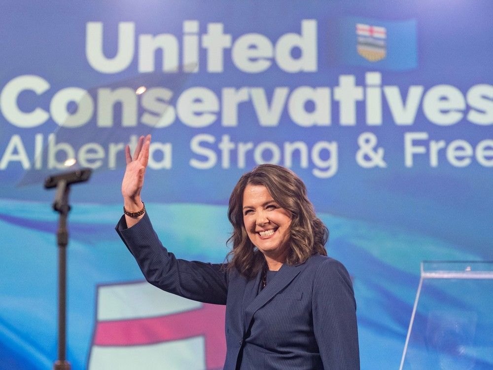 Danielle Smith celebrates the UCP's win and her re-election as premier in the 2023 Alberta election at the UCP watch party at the Big Four Building in Calgary on Monday, May 29, 2023.