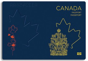 The cover and back page of the the newly unveiled Canadian passport, featuring a polycarbonate data page and embedded electronic passport chip, is seen in a design reproduction on its release in Ottawa, Ontario, Canada May 10, 2023.