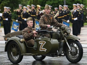 Participants attend the Victory Day military parade in the Black Sea port of Novorossiysk on May 9, 2023. Russia celebrates the 78th anniversary of the victory over Nazi Germany during World War II.