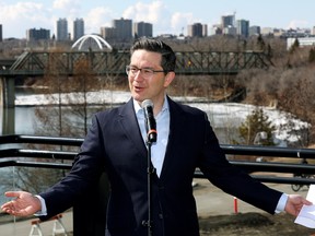 Pierre Poilievre, Leader of the Conservative Party of Canada and the Official Opposition, speaks to the media during a stop in Edmonton, Thursday April 13, 2023. Photo by David Bloom