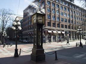The steam clock is seen in historic Gastown, in downtown Vancouver Tuesday, March 17, 2020. Vancouver city council plans to make its historic Gastown neighbourhood more pedestrian-friendly by eliminating car traffic on its main thoroughfare.
