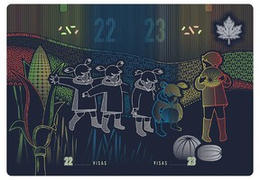 A fall scene on visa pages of the the newly unveiled Canadian passport, as viewed using ultraviolet light which adds colours and displays security features, is seen in a design reproduction on its release in Ottawa, Ontario, Canada May 10, 2023.