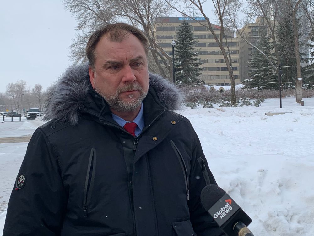 Street preacher and political activist Artur Pawlowski speaks to reporters outside the Alberta legislature in Edmonton on Thursday, January 12, 2023.