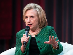 Former U.S. Secretary of State Hillary Clinton takes part in a keynote address during the second day of the Liberal Convention in Ottawa, on Friday, May 5, 2023. THE CANADIAN PRESS/Spencer Colby