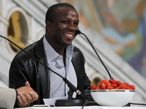 Former sprinter Canada's Donovan Bailey gives a press conference at the City Hall in Oslo, on June 8, 2011, one day before the Bislett Games.