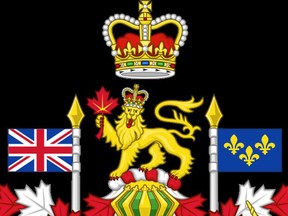 The top portion of Canada's Royal Coat of Arms as it looked for the past several years, with a depiction of St. Edward's Crown, worn by Queen Elizabeth II.