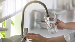 person filling a glass with water