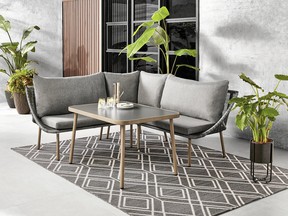 Smaller-scale outdoor furnishings help create flexibility for seating and dining on outdoor patios. Hometrends Skyler Sectional Set, $798, walmart.ca