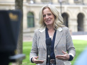 Alberta NDP leader Rachel Notley addressed the media at the McDougall Centre in Calgary on Wednesday, May 24, 2023.