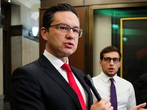 Conservative Leader Pierre Poilievre speaks to reporters on Parliament Hill on May 16, 2023.