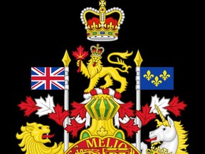 The top portion of Canada's Royal Coat of Arms as it currently looks, with a depiction of St. Edward's Crown, worn by Queen Elizabeth II.