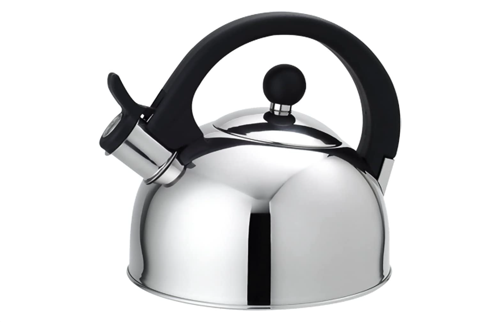 Polished chrome tea kettle with black curved handle.