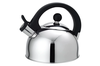 Polished chrome tea kettle with black curved handle.