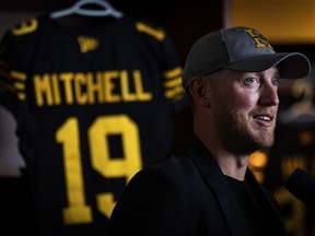 Hamilton Tiger-Cats quarterback Bo Levi Mitchell speaks at a press conference in Hamilton, Ont., on Tuesday, January 24, 2023. The 33-year-old Texan participated in his first on-field workout Thursday at the Hamilton Tiger-Cats rookie camp at Ron Joyce Stadium.
