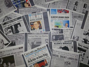 Thirty Calgary Herald front pages show the results of each of the 30 provincial elections that have occurred in Alberta.
