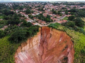Aerial view of erosions in Buriticupu, Maranhao state, Brazil, taken on April 21, 2023.