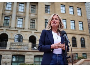 Alberta NDP leader Rachel Notley speaks with media about the new Calgary arena deal outside the McDougall Centre in Calgary on Wednesday, April 26, 2023.