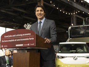 Prime Minister Justin Trudeau makes a Volkswagen electric battery plant announcement in St. Thomas, April 2023.