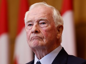 David Johnston, special rapporteur on foreign interference, holds a press conference about his findings and recommendations in Ottawa, on May 23.