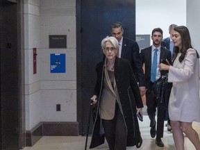 Deputy Secretary of State Wendy Sherman, left, departs after a closed door briefing about the leaked highly classified military documents, on Capitol Hill, Wednesday, April 19, 2023, in Washington.