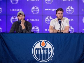 Edmonton Oilers' Leon Draisaitl (left) and Connor McDavid speak about the future of the Oilers after the loss to the Vegas Golden Knights in the playoffs, in Edmonton on Tuesday May 16, 2023.THE CANADIAN PRESS/Jason Franson