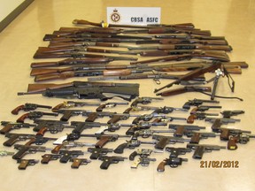 A cache of smuggled firearms seized at the U.S. border by the Canadian Border Services Agency. The new Liberal gun ban says nothing about cross-border smuggling, despite it being the leading source for Canadian crime guns.