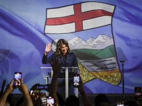 UCP Leader Danielle Smith makes her victory speech in Calgary on Monday May 29, 2023. Alberta's United Conservative Party rode a wave of rural support Monday to win a renewed majority in the provincial election _ but not before the NDP took a big bite out of its support.