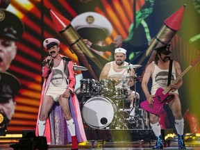 Let 3 of Croatia perform during dress rehearsals for the Grand final at the Eurovision Song Contest in Liverpool, England, Friday, May 12, 2023.