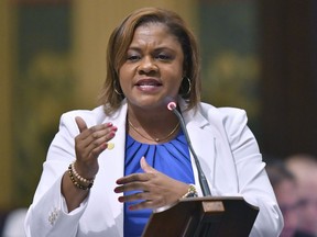 FILE - Michigan state Rep. Leslie Love, D-Detroit, speaks at the state Capitol in Lansing, Mich., July 12, 2017. The former state representative, a Democrat who represented Detroit for six years in the Michigan Legislature, announced Monday, May 15, 2023, that she would seek the state's open U.S. Senate seat in 2024.