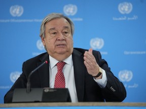 U.N secretary General Antonio Guterres addresses the media during a visit to the U.N. office in the capital Nairobi, Kenya, Wednesday, May 3, 2023. Guterres said the international community needs to come together and put pressure on warring generals in Sudan for the conflict to end.