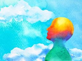human head in blue sky abstract art mind mental health spiritual healing free freedom feeling watercolor painting illustration design drawing