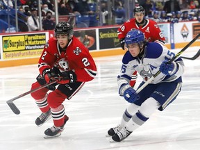 Ethan Larmand, right, of the Sudbury Wolves, and Landon Cato, of the Niagara IceDogs, chase down the puck during OHL action at the Sudbury Community Arena in Sudbury, Ont. on Friday November 5, 2021.
