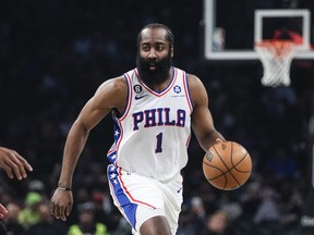 Philadelphia 76ers' James Harden looks to pass the ball during the first half of Game 3 of the team's NBA basketball first-round playoff series against the Brooklyn Nets on Thursday, April 20, 2023, in New York.