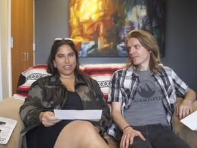 This screenshot of a YouTube interview on April 22, 2023, from user Malcolm Davon Smith, shows former Houghton University employees Raegan Zelaya, left, and Shua Wilmot after they were fired from the school. (Malcolm Davon Smith via AP)