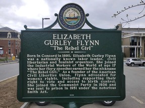 FILE - A historical marker dedicated to Elizabeth Gurley Flynn stands in Concord, N.H., Friday, May 5, 2023. The historical marker dedicated to the feminist and labor activist in New Hampshire, who also led the Communist Party, was removed Monday, May 15, just two weeks after it was unveiled.