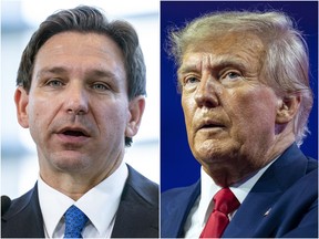 FILE - This combination of photos shows Florida Gov. Ron DeSantis speaking on April 21, 2023, in Oxon Hill, Md., left, and former President Donald Trump speaking on March 4, 2023, at National Harbor in Oxon Hill, Md. A Florida ethics board has dismissed a complaint that allies of Trump filed against DeSantis, finding no legal basis for allegations that the governor violated campaign finance laws with a "shadow" run for the White House.