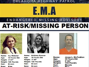 This missing poster provided by the Oklahoma Highway Patrol shows 14-year-old Ivy Webster, left, 16-year-old Brittany Brewer, center, and Jesse McFadden, who were reported missing Monday, May 1, 2023.