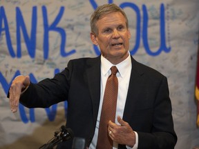 FILE - Tennessee Gov. Bill Lee responds to questions during a news conference Tuesday, April 11, 2023, in Nashville, Tenn. The Republican Lee says he plans to call the Tennessee's legislature into special session in August to consider ways to further tighten Tennessee's gun laws.