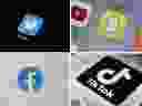 FILE - This combination of photos shows logos of Twitter, top left; Snapchat, top right; Facebook, bottom left; and TikTok. 