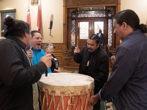 Ojibways drummers of Garden River First Nation are shown at the entrance of Ontario Legislature, as they bring their historical land claim, an 1850 Treaty Promise, to Queen's Park.