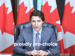 A screenshot from a video released by Prime Minister Justin Trudeau to denounce a Conservative private member's bill that would toughen sentencing for assaults against pregnant women. Trudeau called it a Conservative attempt to "take us backwards" on abortion.