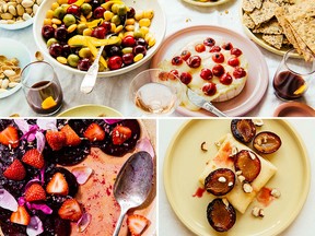 Clockwise from top: cherry baked Brie with seedy crackers; blintzes with roasted plums and hazelnuts; and beet carpaccio with strawberries, flowers and candied fennel seed. Recipes from Abra Berens' Pulp